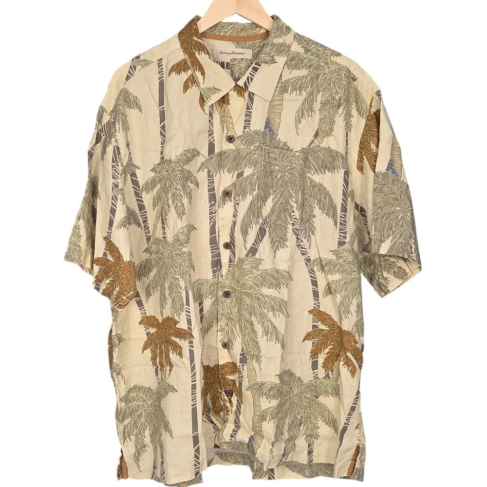 Tommy Bahama Button Up Shirt Mens XL Beige Palm Tree 100% LINEN Short Sleeve - Picture 2 of 7